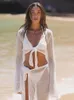 Abito a due pezzi See Through Set di gonne lavorate a maglia con lacci per le donne Backless manica lunga Crop Top Split Suit Summer Beach Outfit 230512