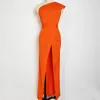 Robes décontractées soirée pour femmes Vestidos Orange taille haute jupe longue sans manches solide épaule inclinée Y2k femmes robe de bal