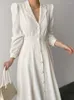 Casual Dresses Korean Spring Dress For Womens Vintage Turn Down Blouse Woman Single Breasted Slim Waist Tunic Solid Vestito Da Donna