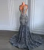 New Sparkly Silver Mermaid Prom Dresses Sheer O-Collo Perline Crystal Diamond Paillettes Abiti da festa di laurea Abito da sera Abito sexy