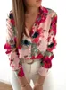 셔츠 2023 New Floral Blouse Women Turndown Collar Short Sleeve Fashion Plus 크기 캐주얼 블라우스 우아한 숙녀 사무실 작업 셔츠 탑