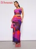 Two Piece Dress Elegant Tiedyed Printed Pleated Skirt Suit Women Printting Camisole Backless Long Set Summer Lady 2 Sets 230512