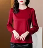 여자 블라우스 셔츠 2023 자카드 실크 여자 새틴 긴 소매 여자 빨간 상판과 버튼 blusas para mujer