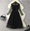 Long Sleeve Hearts Tulle Panelled Tweed Dress Tiered Round Neck Black / Red Mid-Calf Elegant Casual Dresses L3W132819