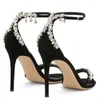 Sandaler tillbaka Bling Crystal Peep Toe High Heels Black Suede Cross Strap Rhinestone Emceliced ​​Banket Dress Shoes