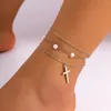 Anklets lacteo Cross Pendant Women Anklet Imitation Pearl Foot Chain Armband On Leg Trendy Jewelry Summer Beach Gifts Wedding Wedding