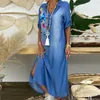 Casual Dresses Summer Denim Dress 2023 Spring Blue V-Neck Half Sleeve Maxi Split Long Vestidos FemmeCasual