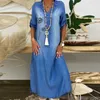 Casual Dresses Summer Denim Dress 2023 Spring Blue V-Neck Half Sleeve Maxi Split Long Vestidos FemmeCasual