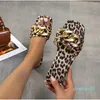 Slippers Plus Size 35-43 Flat Leopard Women'S European American Metal Chain Square Toe Shoes Sandals