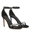 Sandaler tillbaka Bling Crystal Peep Toe High Heels Black Suede Cross Strap Rhinestone Emceliced ​​Banket Dress Shoes