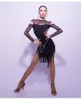 Stage Wear Latest Latin Dance Dress Sexy Pink Black Rich Fringe Rumba Chacha Tassel Set Long Sleeves Top Skirt 2pcs