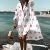 Traje de baño Vestido de playa Bikini CoverUp Mujeres 2024 Bohemio Impreso Ropa de playa Túnica VCuello Manga larga Ropa de baño Cubrir Ups Vestido de verano suelto