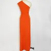 Robes décontractées soirée pour femmes Vestidos Orange taille haute jupe longue sans manches solide épaule inclinée Y2k femmes robe de bal