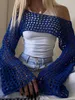 TShirt da donna Zenaide 2023 Spring Hollow Out Manica lunga Crochet Crop Top Y2K T-shirt da donna vintage in maglia blu scuro See Through Coquette Clothe 230512