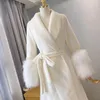 Women's Wool Autumn Winter Water Mink Turn Down Collar Imitation Fur Sleeves Beaded Warm Coat With Belt S3851