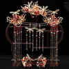 Necklace Earrings Set Red Chinese Classical Bridal Wedding Long Chains Hanfu Tiara Crown Hair Accessories Phoenix Hairpin Combs