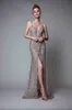 New Rhinestones Sleeveless Plunging Neckline Prom Dress Backless Floor Length Formal Evening Gowns Berta Front Split Evening Dresses