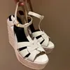 Casual Designer Fashion Women Shoes Black Patent Leather Strappy Wedge High Heels Slingback Sandals Party Shoes