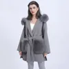 Damenwolle MISSJANEFUR Kaschmirpelzmantel Damenmode Caual Trim Hood Jacke mit großen Taschen Lose Gürtel