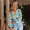 Kvinnors blusar 2023 Summer Women's Vintage Floral Print Deep V-Neck Lantern Sleeve Long Loose Casual Shirt Blouse Camisas de Mujer