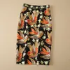 Summer Black Brids Print Two Piece Dress Sets Short Sleeve Round Neck Loose T-Shirt Top & Birds Print Mid-Calf Skirt Suits Set S3W09SK