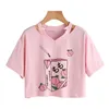 T-Shirt Cartoon Peach Juice Tee Japanses Cute Aesthetic Vneck T shirt Women Harajuku Pink Kawaii Crop tops Summer Casual Y2k Tumblr Top