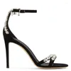 Sandaler tillbaka Bling Crystal Peep Toe High Heels Black Suede Cross Strap Rhinestone Emceliced ​​Banket Dress Shoes