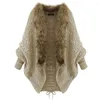 Kvinnorjackor Kvinnor Winter Coat Knitwear Autumn Khaki Faux Fur Neck Sticked Cardigans Kvinnliga långa ärmar Löst tröja Skjorta#15