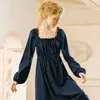 Women's Sleepwear Women's Lolita Dress Deep Blue Ruffle Princess Sleepshirts Vintage Cotton Nightgowns.Victorian Nightdress Lounge