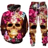 Tute da uomo Autumn Rose Skull Stampa 3D Uomo Pantaloni Abiti Coppia Abiti Vintage Hip Hop Felpe con cappuccio Pantaloni Set Moda Uomo