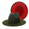 Nieuwe Outer Army Green Inner Red Patchwork Wool Blend Vintage Men Women Fedora Hats Trilby Floppy Jazz Belt Buckle Filt Sun Hat290p