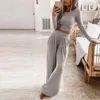 Womens Two Piece Pants Elegant Rib Knitted Women Homewear Casual O-Neck Tops And Wide Leg Suits 2023 Spring Solid Sets Female Pajamas