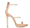 Sandals Carpaton 2023 Summer Classics Golden Drilling Buckle Thin High Heel Rose Gold Open Toe Fashion Dinner Shoes