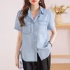 Damenblusen, Damen-Jeansbluse im Vintage-Stil, Sommer, kurzärmelig, Knopfleiste, Jean-Hemden, Damen, High Street, lockere, elegante Oberteile