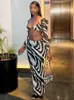 Cover-up Sexy V neck Zebra Stripes Two Pieces Sets 2023 Elegant Summer Women Hip Package Skirts Long Sleeve Short Top Party Suits A2069