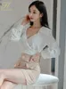 Two Piece Dress H Han Queen Women Spring Casual 2 Pieces Set Vintage White VNeck Tops Pencil Skirt Korean Elegance Simple Skirts Suits 230512