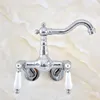 Bathroom Sink Faucets Wall Mounted Chrome Brass Swivel Spout Faucet Dual Ceramic Handles Kitchen Tap Lqg204