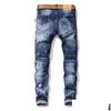 Men'S Tracksuits Autumn Blue Mens Denim Two Piece Set Casual Embroidery Skl Vest And Ragged Paint Stretch Jeans 2Pcs Sets Conjuntos Dhzd0