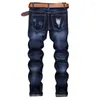 Jeans pour hommes trou Patchwork bleu déchiré haute rue pantalons pour hommes Y2k Slim Vintage rétro mode Hip Hop décontracté Denim pantalon droit