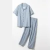 Men's Sleepwear Plaid Men Cotton Pajamas Suit Nightgown Blue 2PCS Homewear Shirt&Pants Home Clothing Couple Lingerie Pijamas Sets