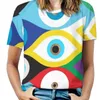 Kvinnors T-skjortor Färgglada onda ögonmönster Ruffle Kort ärm T-shirt Kvinnors tryck Fashion Casual For Girl Gift Greek Mati