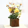 Decorative Flowers Wooden Fence Bonsai Artificial Rose With Vase Set Potted Fake Flower Desktop Plants Home Decoration1