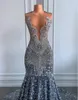 Ny Sparkly Silver Mermaid Prom Dresses Sheer O-Neck Beads Crystal Diamond Sequined Graduation Party Gowns Evening Clow Sexy Robe