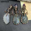 Antique bronze plating natural labradorite gemstone crow head pendant charms necklace for women