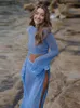 Abito a due pezzi See Through Set di gonne lavorate a maglia con lacci per le donne Backless manica lunga Crop Top Split Suit Summer Beach Outfit 230512