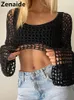 TShirt da donna Zenaide 2023 Spring Hollow Out Manica lunga Crochet Crop Top Y2K T-shirt da donna vintage in maglia blu scuro See Through Coquette Clothe 230512