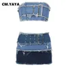 Vestido de dos piezas CMYAYA Denim Women 2 Set Summer Patchwork Ripped Mini falda y Top corto sin tirantes Jean femenino a juego 230512