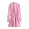 Casual Kleider Frauen 2023 Quadrat Kragen Lange Ärmel Frühling Rosa Kleid Urlaub Hohe Taille Rüschen Mini A-linie Rüschen Vestido