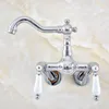 Bathroom Sink Faucets Wall Mounted Chrome Brass Swivel Spout Faucet Dual Ceramic Handles Kitchen Tap Lqg204