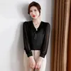 Blouses Women Lady Lady Beige Black Silk Tops V-deco